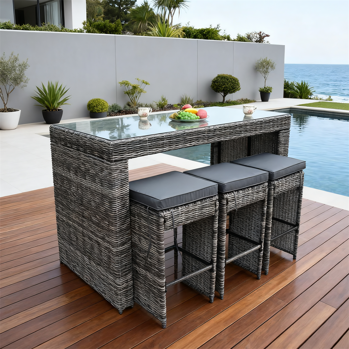 BTY2502 Light Grey Wicker Coastal Modern Luxury Outdoor Bar Set (with Hidden Stools) – Cream Cushions & Clear Glass Long Table