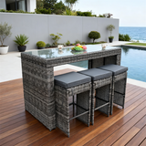 BTY2502 Light Grey Wicker Coastal Modern Luxury Outdoor Bar Set (with Hidden Stools) – Cream Cushions & Clear Glass Long Table