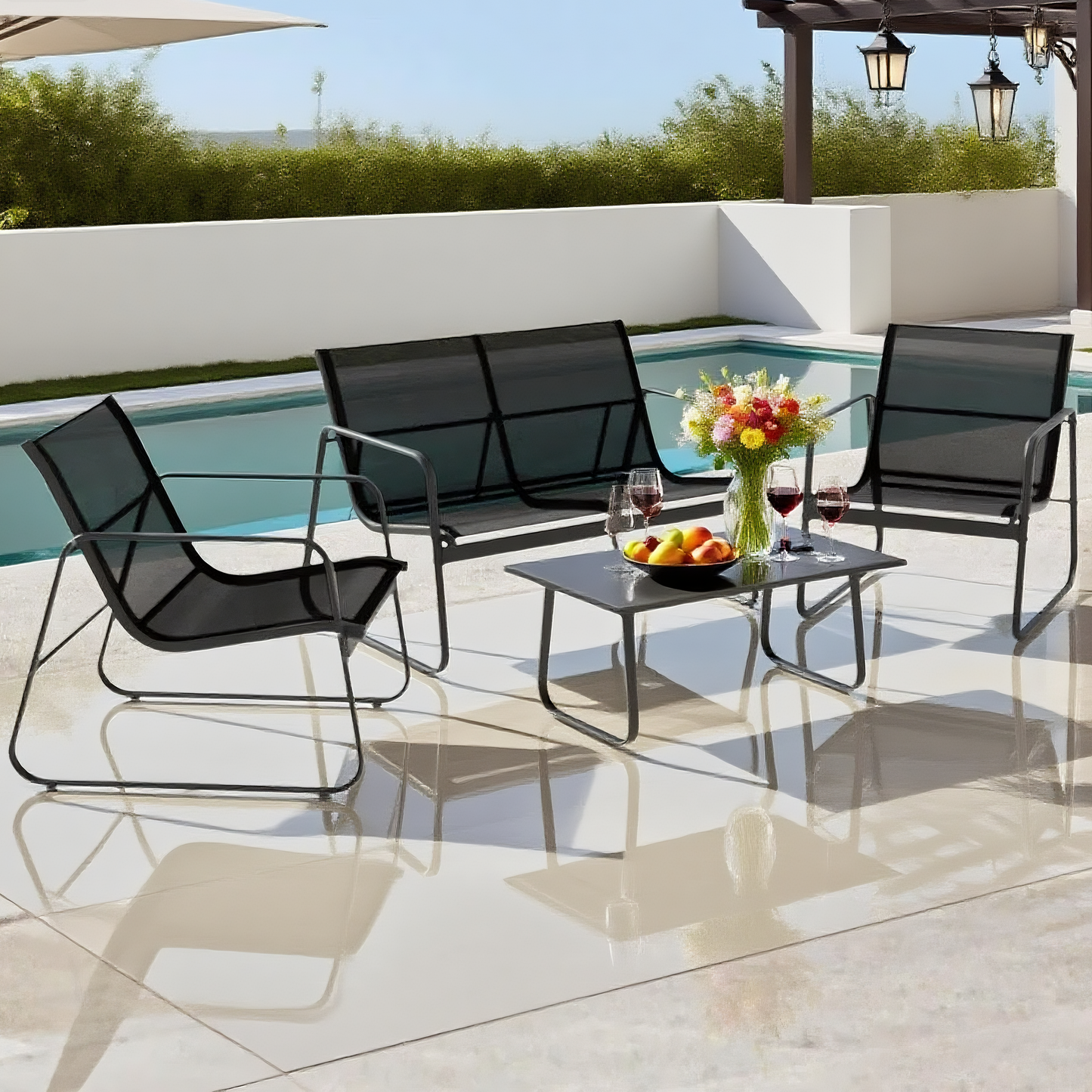 CBY2501 Black Metal Mesh Modern Poolside Luxury Outdoor Lounge Set (4-Piece) – Streamline Frame & Black Glass Coffee Table