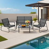 CBY2501 Black Metal Mesh Modern Poolside Luxury Outdoor Lounge Set (4-Piece) – Streamline Frame & Black Glass Coffee Table