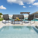 CBY2501 Black Metal Mesh Modern Poolside Luxury Outdoor Lounge Set (4-Piece) – Streamline Frame & Black Glass Coffee Table