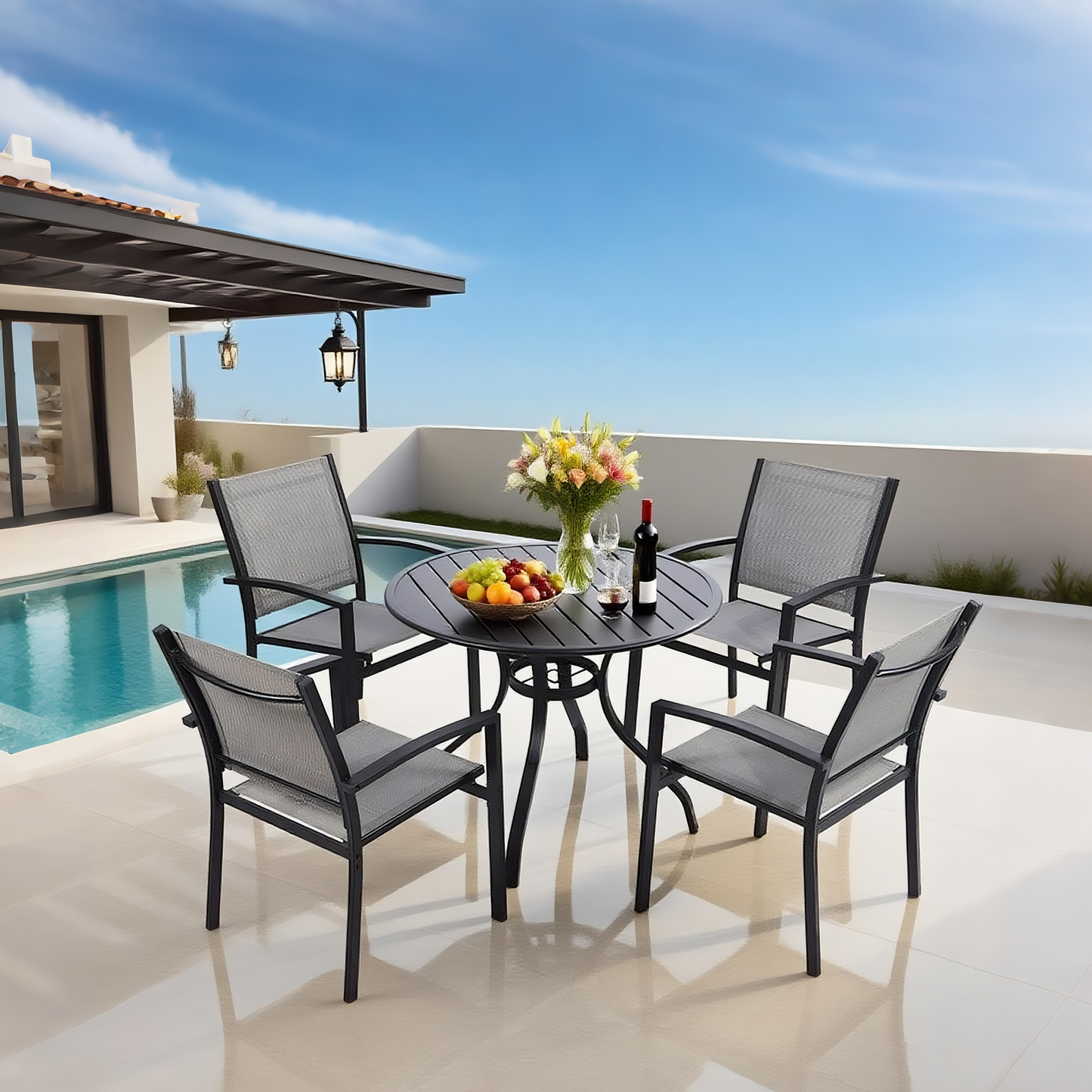 CBY2502 Black Metal & Grey Mesh Coastal Patio Luxury Outdoor Dining Set (4-Piece) – Round Metal Table