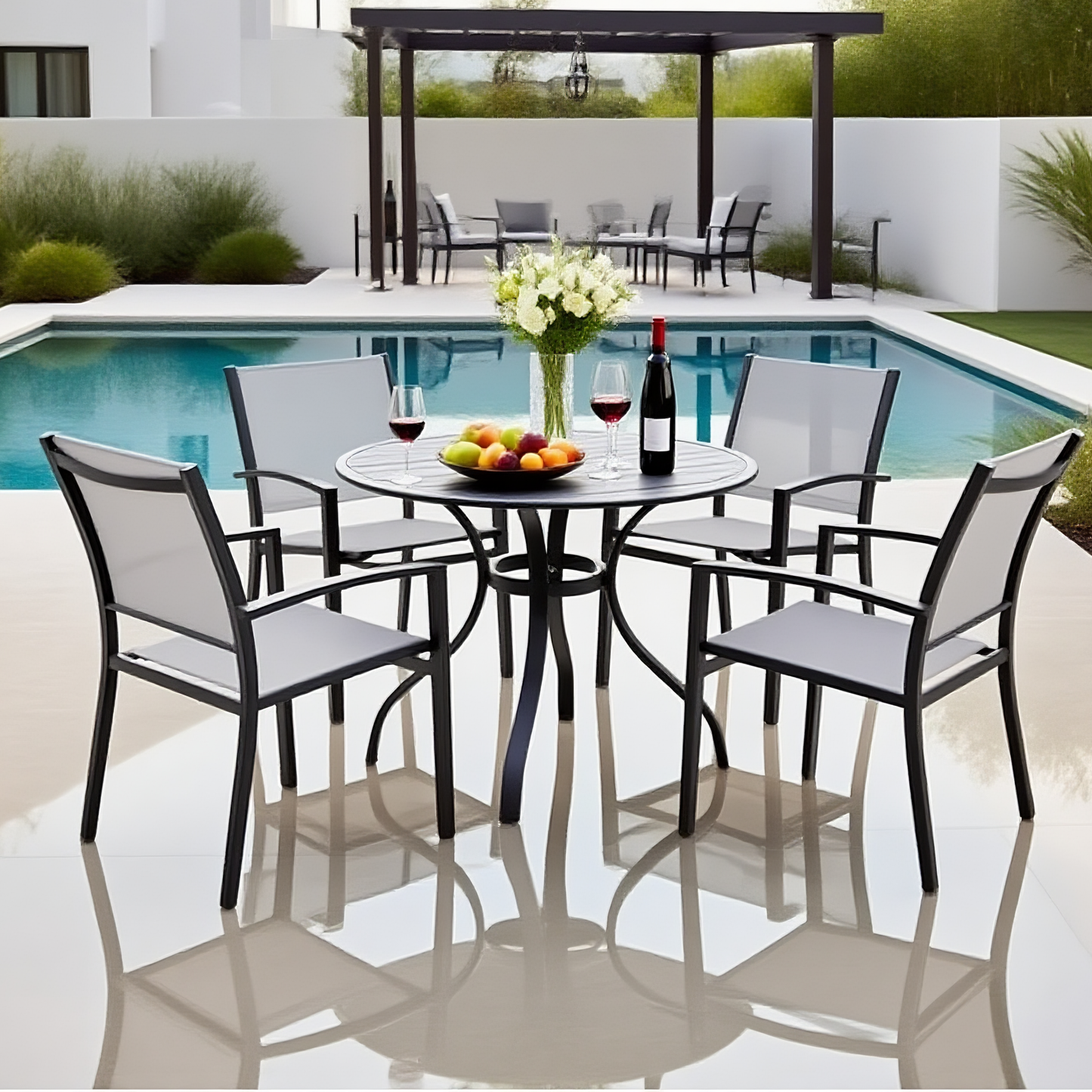 CBY2502 Black Metal & Grey Mesh Coastal Patio Luxury Outdoor Dining Set (4-Piece) – Round Metal Table