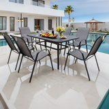 CBY2503 Silver Aluminum & Royal Blue Mesh Modern Poolside Luxury Outdoor Dining Set (4-Piece) – Black Glass Square Table