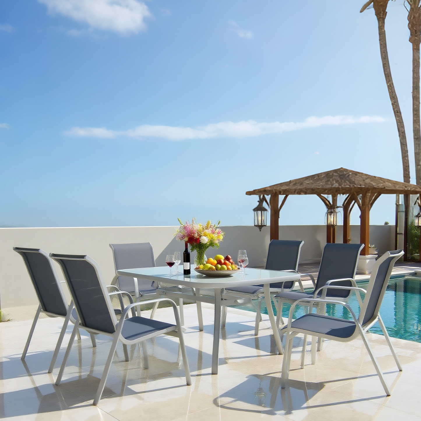 CBY2503 Silver Aluminum & Royal Blue Mesh Modern Poolside Luxury Outdoor Dining Set (4-Piece) – Black Glass Square Table