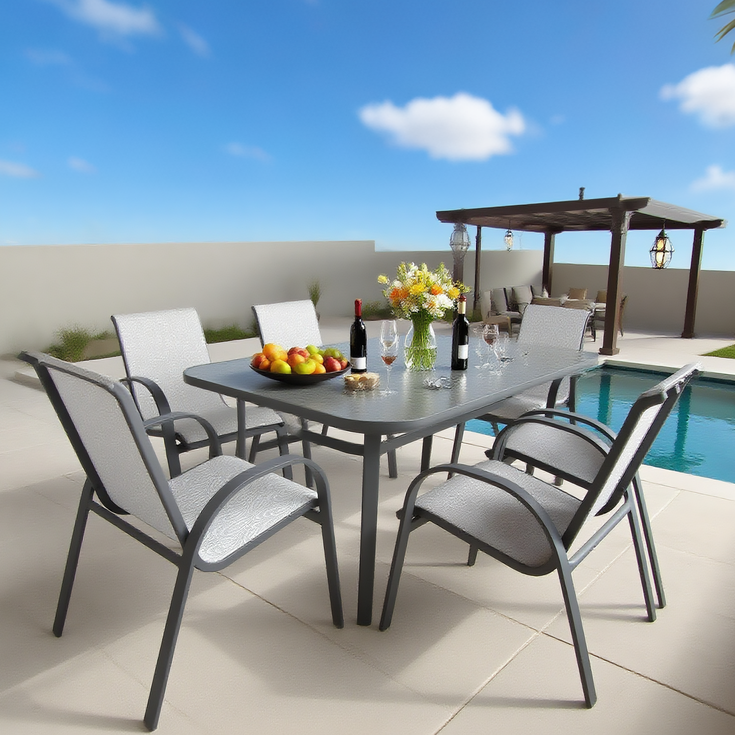 CBY2503 Silver Aluminum & Royal Blue Mesh Modern Poolside Luxury Outdoor Dining Set (4-Piece) – Black Glass Square Table