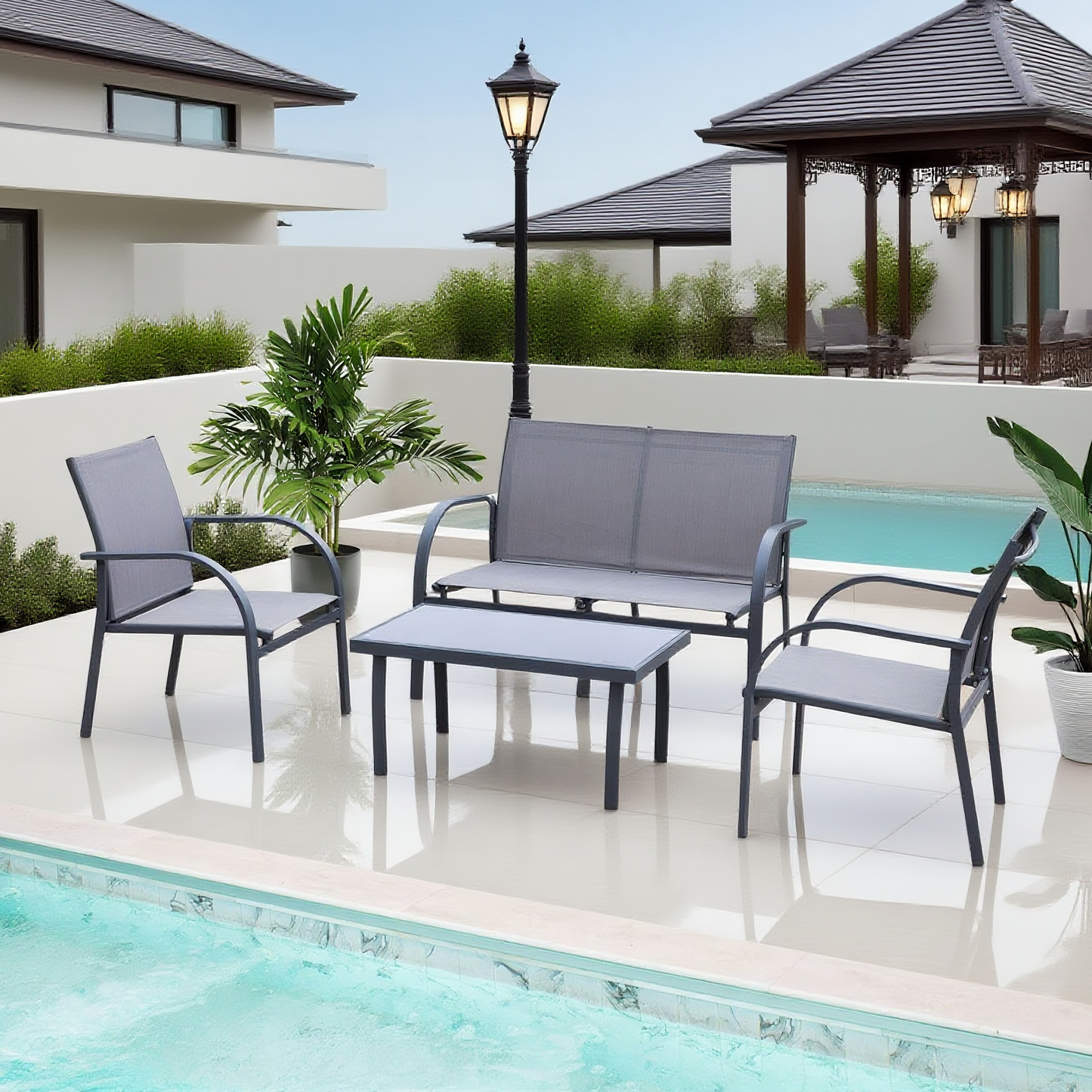 CBY2504 Black Metal & Grey Mesh Modern Poolside Luxury Outdoor Lounge Set (4-Piece) – Sleek Square Coffee Table