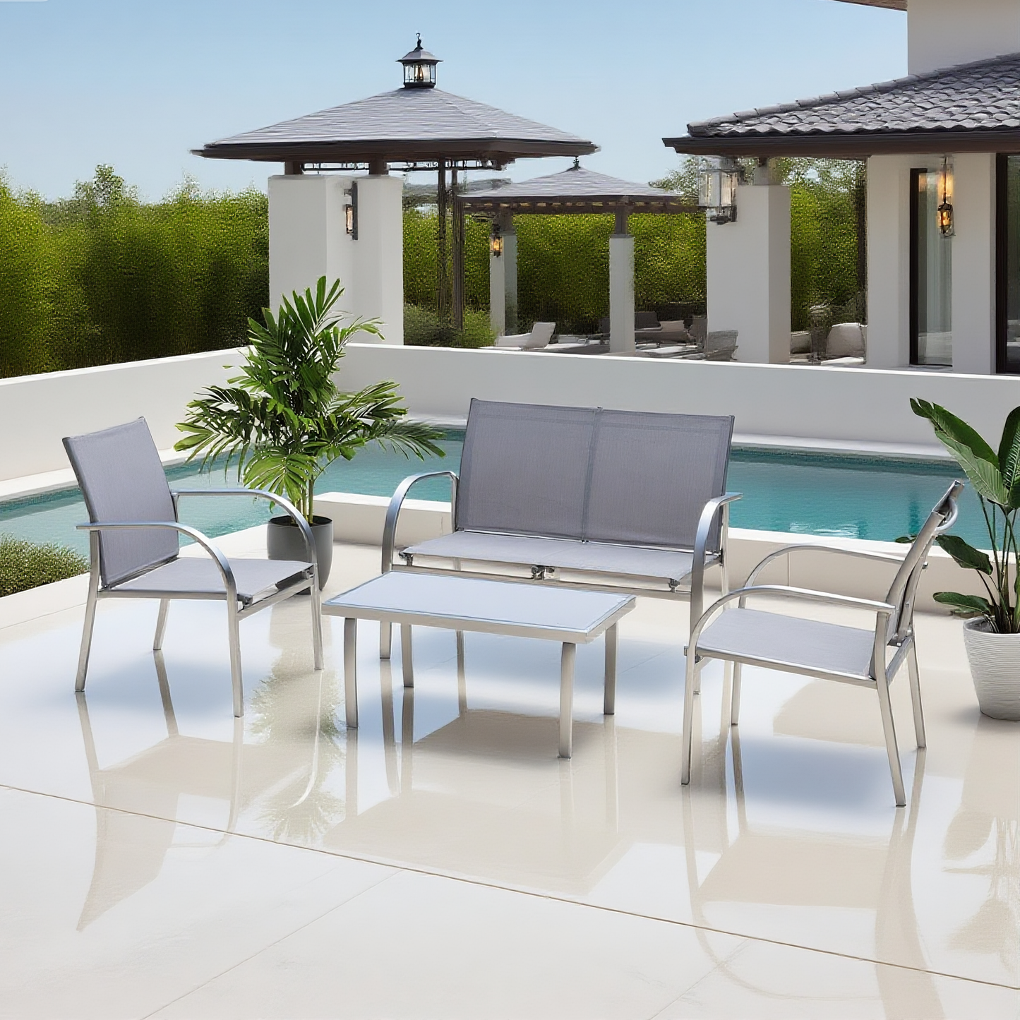 CBY2504 Black Metal & Grey Mesh Modern Poolside Luxury Outdoor Lounge Set (4-Piece) – Sleek Square Coffee Table