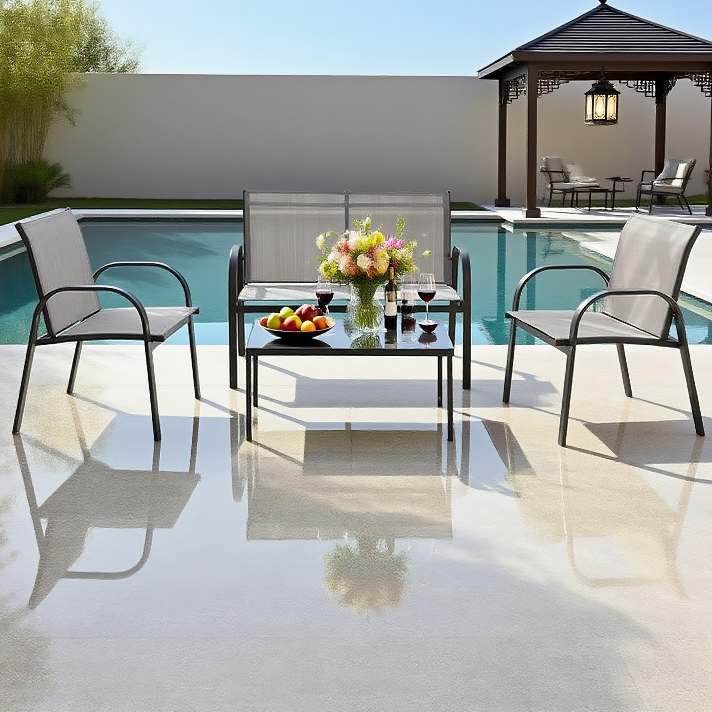 CBY2504 Black Metal & Grey Mesh Modern Poolside Luxury Outdoor Lounge Set (4-Piece) – Sleek Square Coffee Table