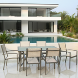 CBY250502 Dark Grey Metal & Beige Linen Mesh Modern Villa Poolside Luxury Outdoor Dining Set (6-Piece) – Frosted Glass Square Table