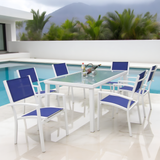 CBY250504 White Aluminum & Royal Blue Mesh Tropical Modern Poolside Luxury Outdoor Dining Set (6-Piece) – Frosted Glass Square Table