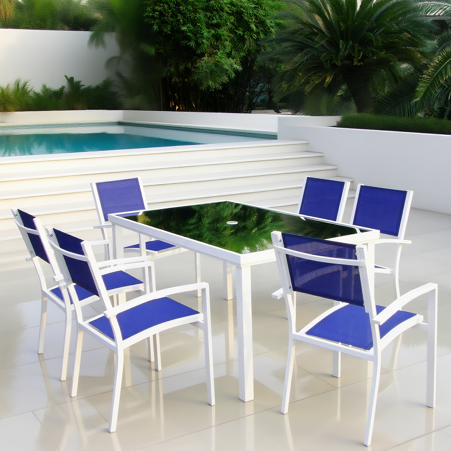CBY250504 White Aluminum & Royal Blue Mesh Tropical Modern Poolside Luxury Outdoor Dining Set (6-Piece) – Frosted Glass Square Table