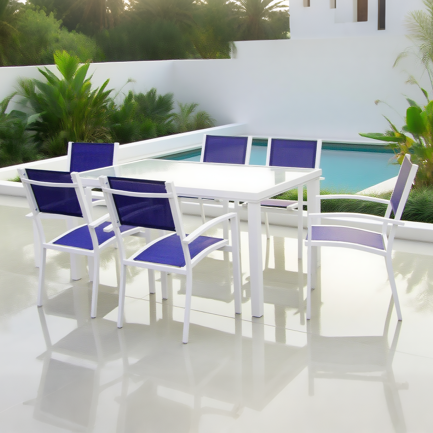 CBY250504 White Aluminum & Royal Blue Mesh Tropical Modern Poolside Luxury Outdoor Dining Set (6-Piece) – Frosted Glass Square Table