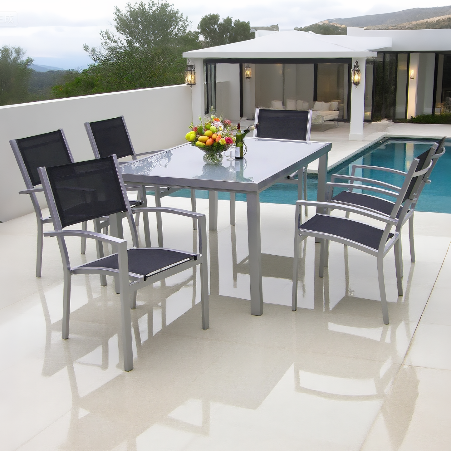 CBY250501 Silver Aluminum & Black Mesh Mountain-View Poolside Luxury Outdoor Dining Set (6-Piece) – Glass Rectangular Table