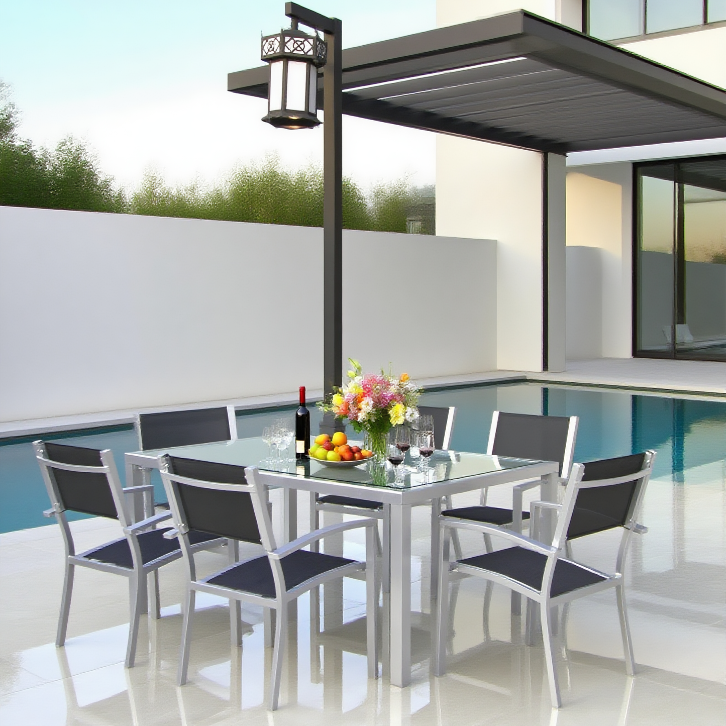 CBY250501 Silver Aluminum & Black Mesh Mountain-View Poolside Luxury Outdoor Dining Set (6-Piece) – Glass Rectangular Table