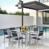 CBY250501 Silver Aluminum & Black Mesh Mountain-View Poolside Luxury Outdoor Dining Set (6-Piece) – Glass Rectangular Table