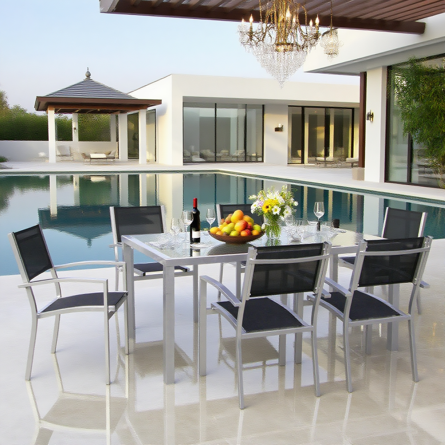 CBY250501 Silver Aluminum & Black Mesh Mountain-View Poolside Luxury Outdoor Dining Set (6-Piece) – Glass Rectangular Table