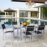 CBY250501 Silver Aluminum & Black Mesh Mountain-View Poolside Luxury Outdoor Dining Set (6-Piece) – Glass Rectangular Table