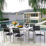 CBY250501 Silver Aluminum & Black Mesh Mountain-View Poolside Luxury Outdoor Dining Set (6-Piece) – Glass Rectangular Table