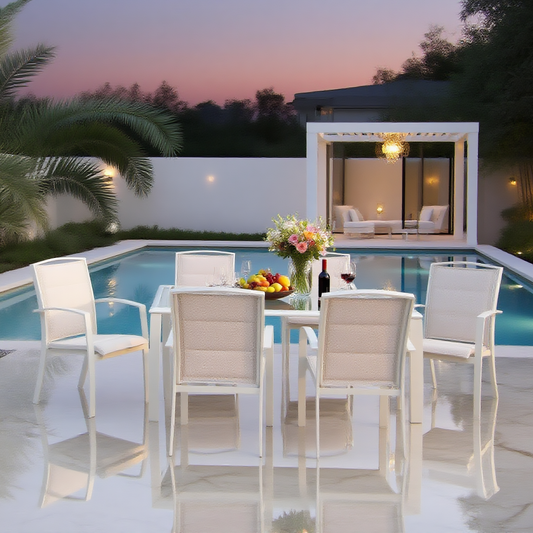 CBY2506 All-White Wicker & Plush Cushions Luxury Poolside Nightscape Outdoor Dining Set (6-Piece) – Glass Rectangular Table