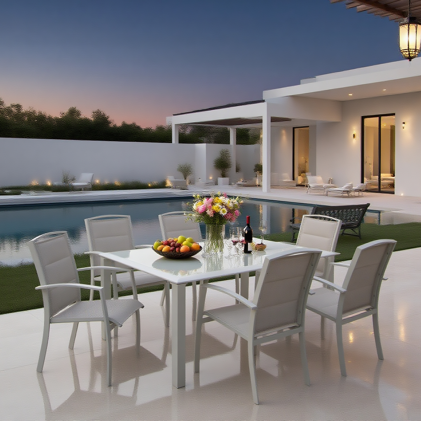 CBY2506 All-White Wicker & Plush Cushions Luxury Poolside Nightscape Outdoor Dining Set (6-Piece) – Glass Rectangular Table