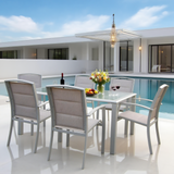 CBY2506 All-White Wicker & Plush Cushions Luxury Poolside Nightscape Outdoor Dining Set (6-Piece) – Glass Rectangular Table