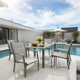 CBY2506 All-White Wicker & Plush Cushions Luxury Poolside Nightscape Outdoor Dining Set (6-Piece) – Glass Rectangular Table