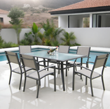 CBY250503 Black Metal & Light Linen Mesh Spanish Mediterranean Villa Poolside Luxury Outdoor Dining Set (6-Piece) – Dark Green Glass Square Table