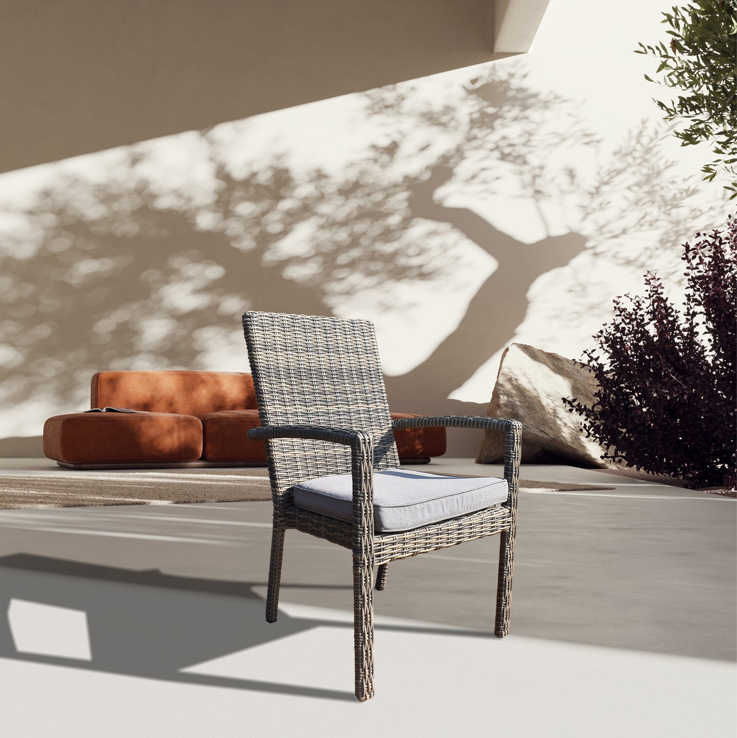 DTY2501 Light Grey Wicker Outdoor Armchair with Cushion – Modern Patio Weather-Resistant Lounge Chair