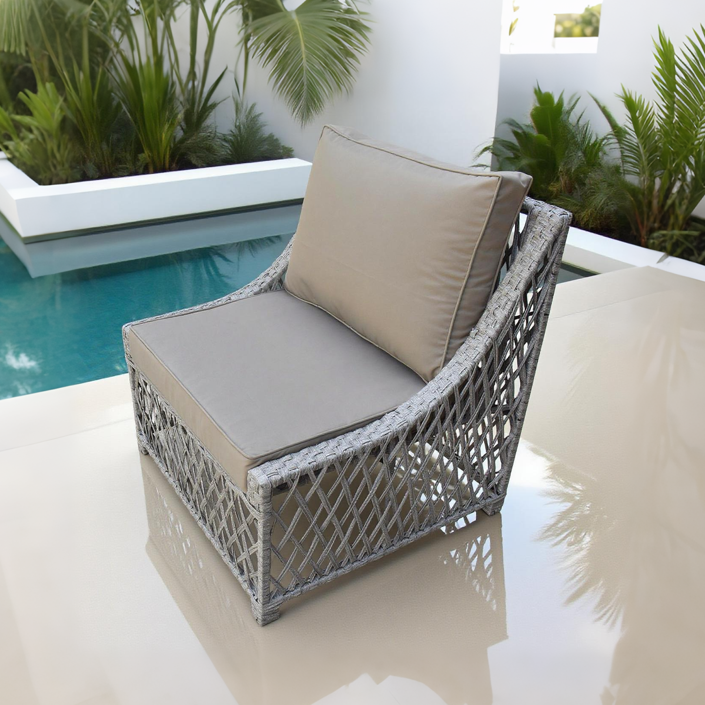 DTY2502 Silver Grey Diamond Weave Outdoor Lounge Chair with Dual Cushions – Luxury Pool Patio Weather-Resistant Single Armchair