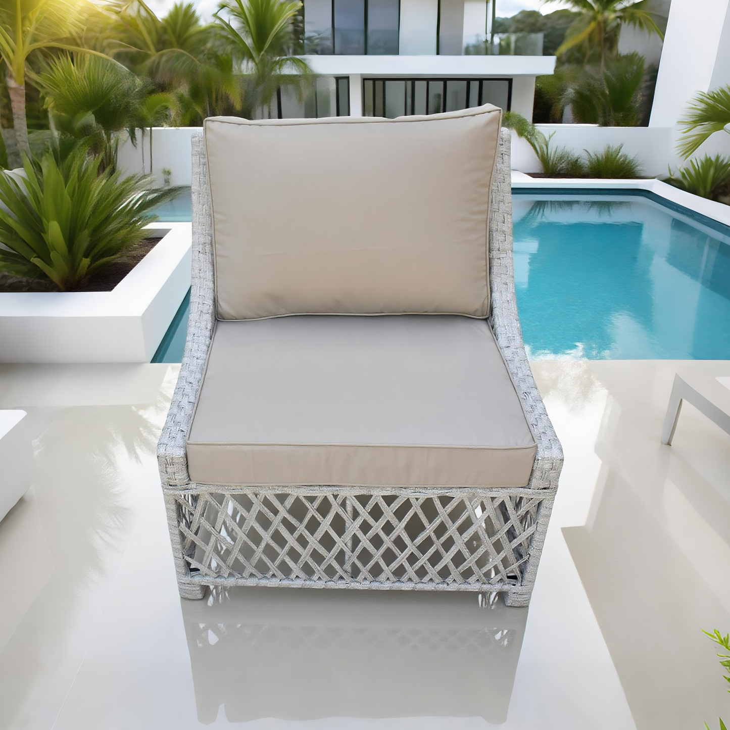 DTY2502 Silver Grey Diamond Weave Outdoor Lounge Chair with Dual Cushions – Luxury Pool Patio Weather-Resistant Single Armchair