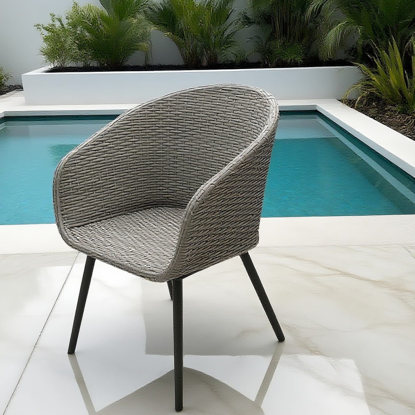 DTY2503 Light Grey Wicker Curved Arm Outdoor Chair with Black Metal Legs – Santorini-Style Pool Patio Weather-Resistant Lounge Chair