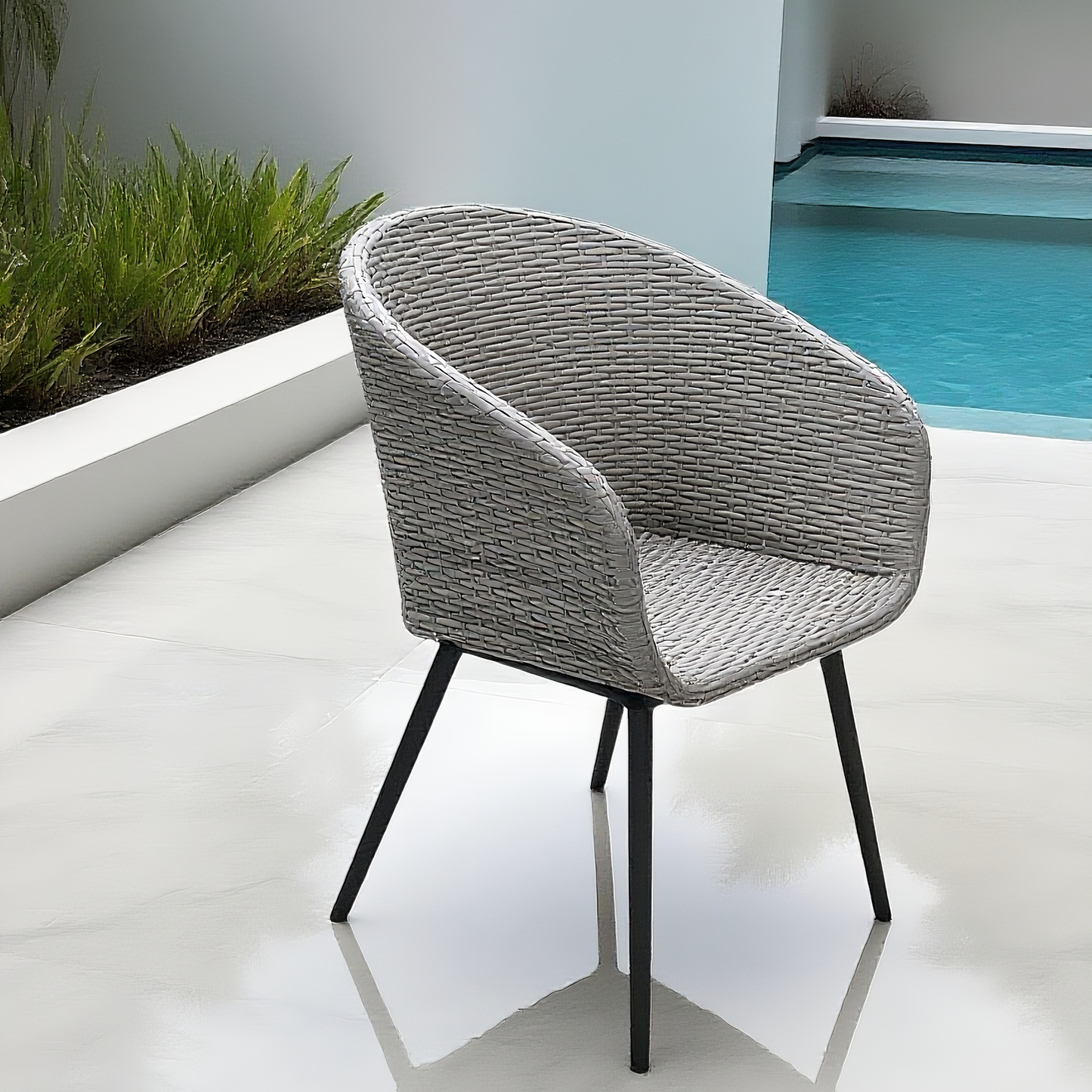 DTY2503 Light Grey Wicker Curved Arm Outdoor Chair with Black Metal Legs – Santorini-Style Pool Patio Weather-Resistant Lounge Chair
