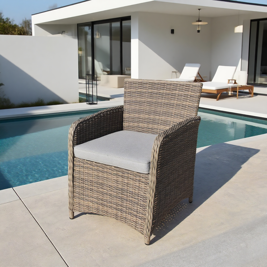 DTY2504 Dark Brown Wicker Outdoor Armchair with Grey Cushion – Modern Pool Patio Weather-Resistant Lounge Chair