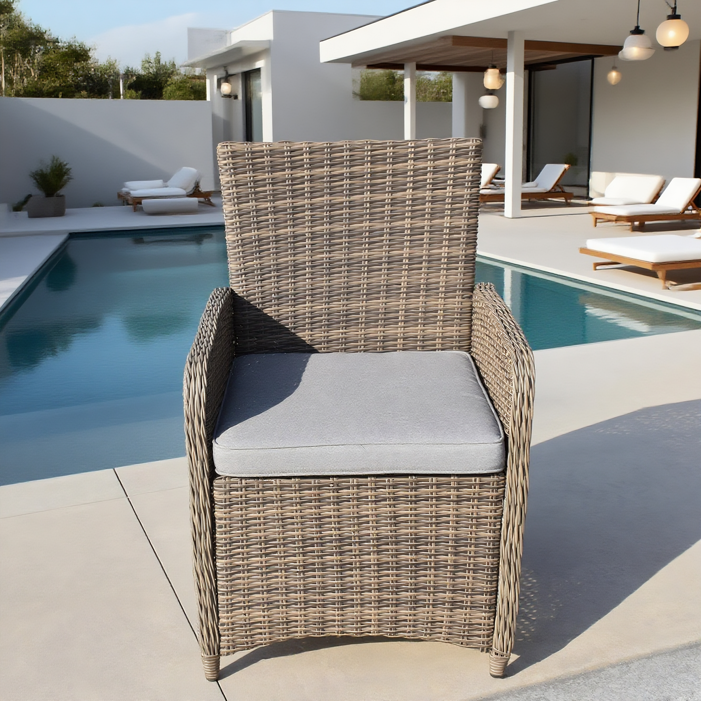 DTY2504 Dark Brown Wicker Outdoor Armchair with Grey Cushion – Modern Pool Patio Weather-Resistant Lounge Chair