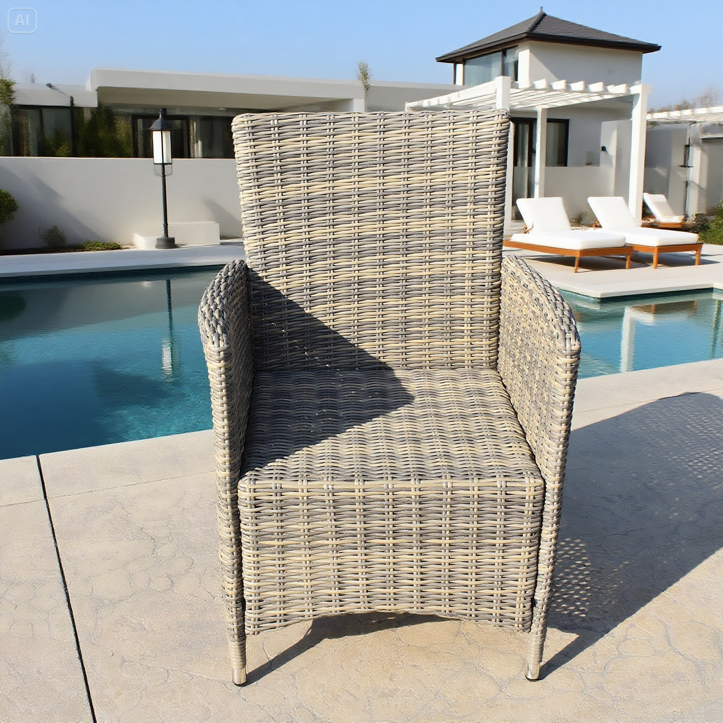 DTY2504 Dark Brown Wicker Outdoor Armchair with Grey Cushion – Modern Pool Patio Weather-Resistant Lounge Chair