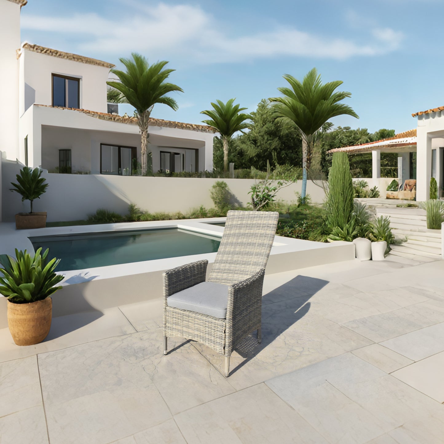 DTY2505 Light Grey Wicker Reclining Outdoor Lounge Chair with Grey Cushion – Mediterranean Villa Pool Patio Weather-Resistant Recliner