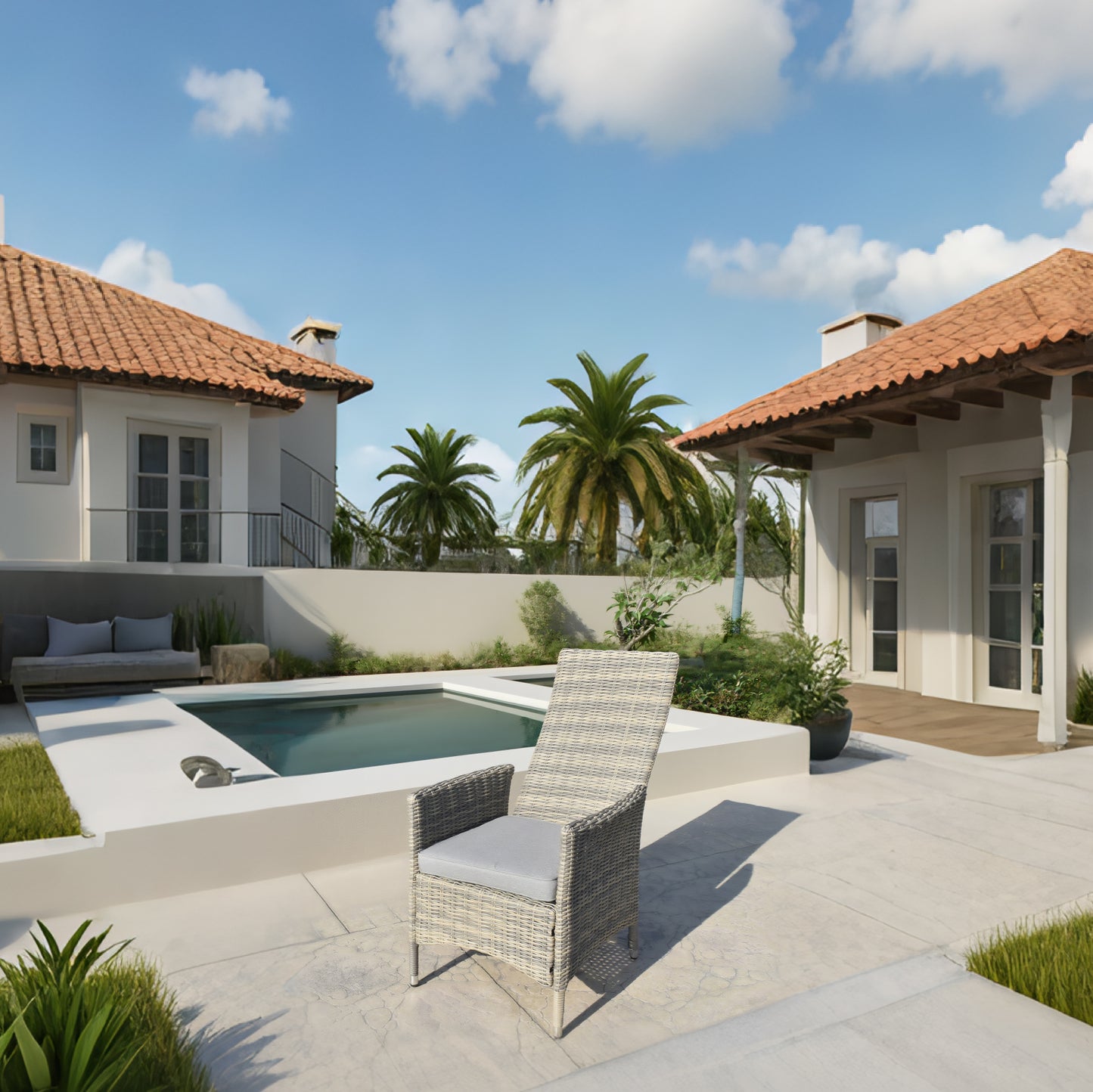 DTY2505 Light Grey Wicker Reclining Outdoor Lounge Chair with Grey Cushion – Mediterranean Villa Pool Patio Weather-Resistant Recliner