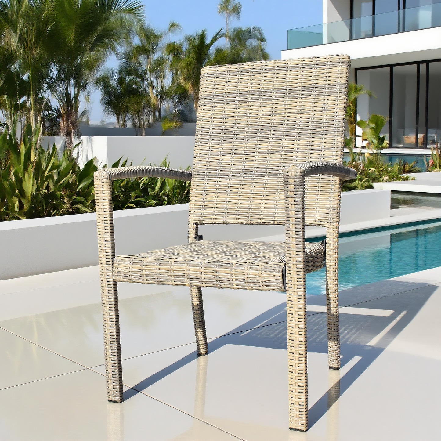 DTY2507 Beige-Grey Striped Wicker High-Back Outdoor Armchair with Grey Cushion – Modern Pool Patio Weather-Resistant Lounge Chair