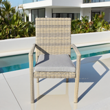 DTY2507 Beige-Grey Striped Wicker High-Back Outdoor Armchair with Grey Cushion – Modern Pool Patio Weather-Resistant Lounge Chair