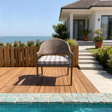 DTY2508 Light Brown Wicker Curved Arm Outdoor Chair with Striped Cushion – Coastal Pool Patio Weather-Resistant Lounge Chair