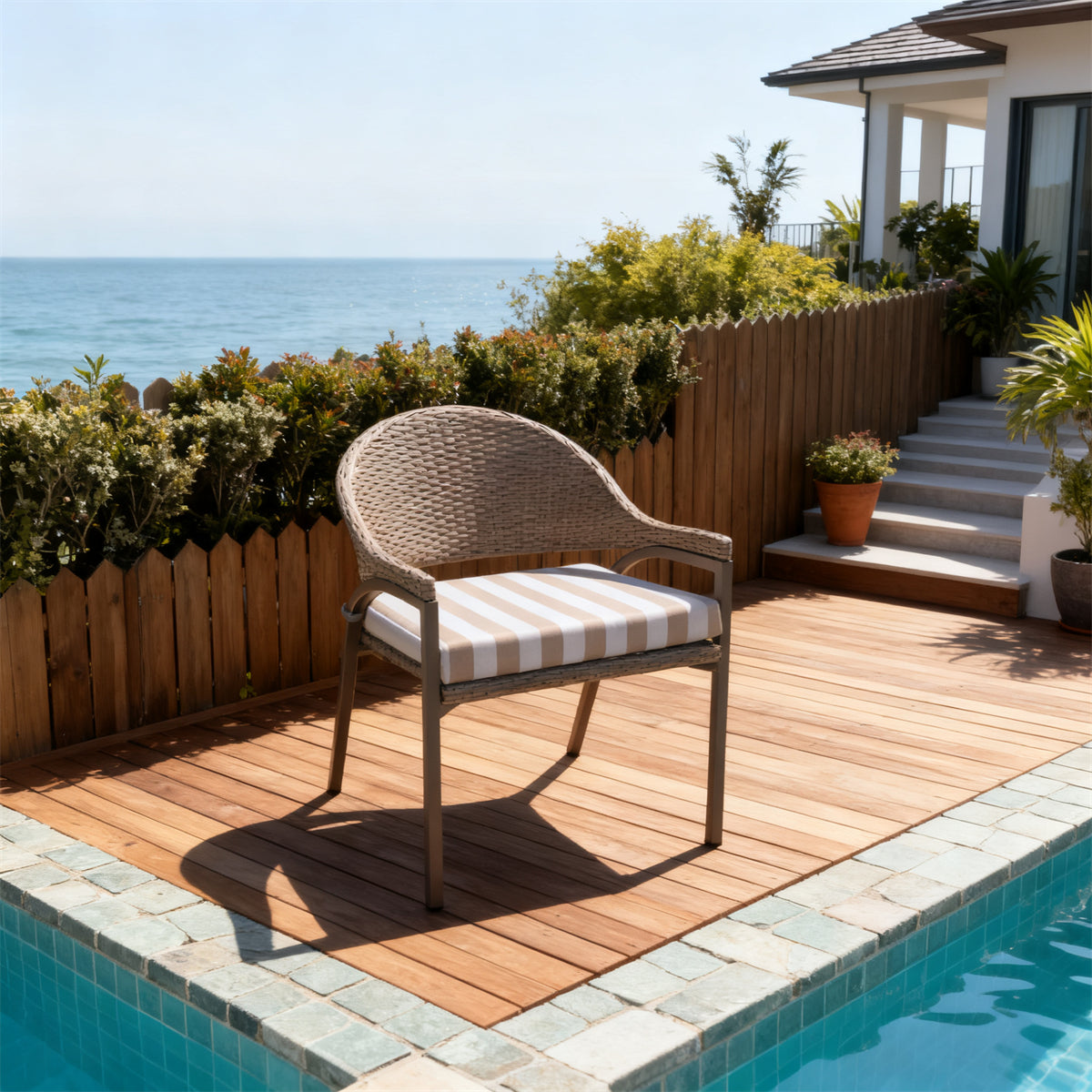 DTY2508 Light Brown Wicker Curved Arm Outdoor Chair with Striped Cushion – Coastal Pool Patio Weather-Resistant Lounge Chair