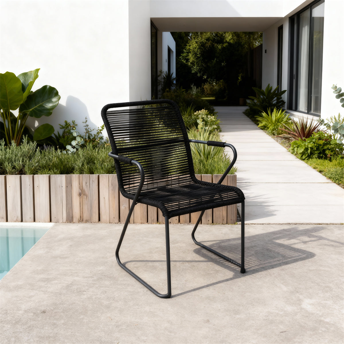 DTY2509 All-Black Rope-Woven Outdoor Armchair with Metal Frame – Modern Minimalist Pool Patio Weather-Resistant Lounge Chair