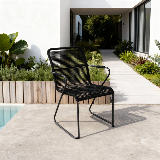 DTY2509 All-Black Rope-Woven Outdoor Armchair with Metal Frame – Modern Minimalist Pool Patio Weather-Resistant Lounge Chair