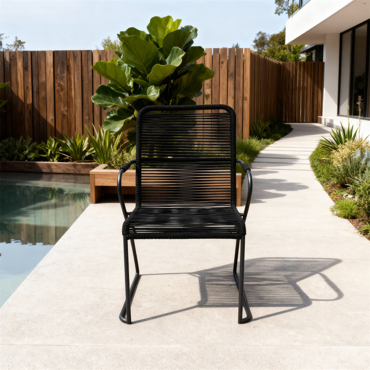DTY2509 All-Black Rope-Woven Outdoor Armchair with Metal Frame – Modern Minimalist Pool Patio Weather-Resistant Lounge Chair