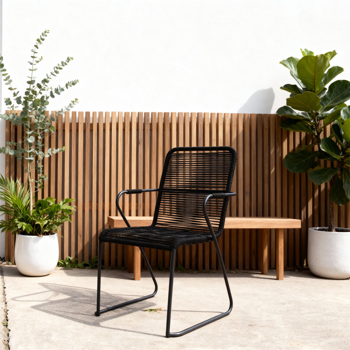 DTY2509 All-Black Rope-Woven Outdoor Armchair with Metal Frame – Modern Minimalist Pool Patio Weather-Resistant Lounge Chair