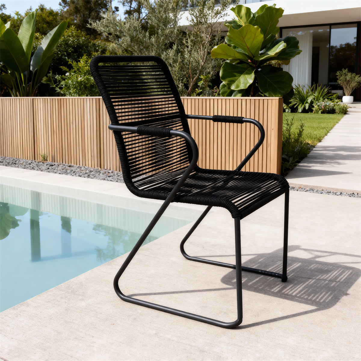 DTY2509 All-Black Rope-Woven Outdoor Armchair with Metal Frame – Modern Minimalist Pool Patio Weather-Resistant Lounge Chair