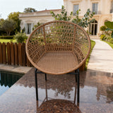 DTY251002 Natural Rattan Round Frame Outdoor Chair with Black Metal Legs – French Chateau Pool Patio Weather-Resistant Lounge Chair