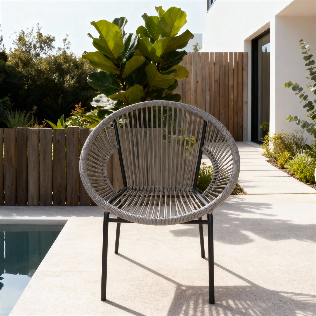 DTY251001 Light Grey Rope-Woven Round Frame Outdoor Chair with Black Metal Legs – Modern Pool Patio Weather-Resistant Lounge Chair