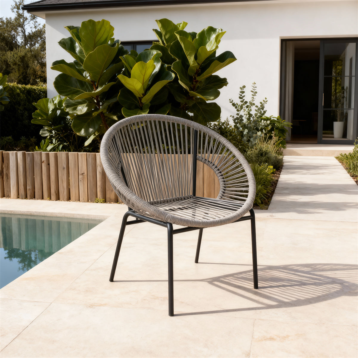 DTY251001 Light Grey Rope-Woven Round Frame Outdoor Chair with Black Metal Legs – Modern Pool Patio Weather-Resistant Lounge Chair